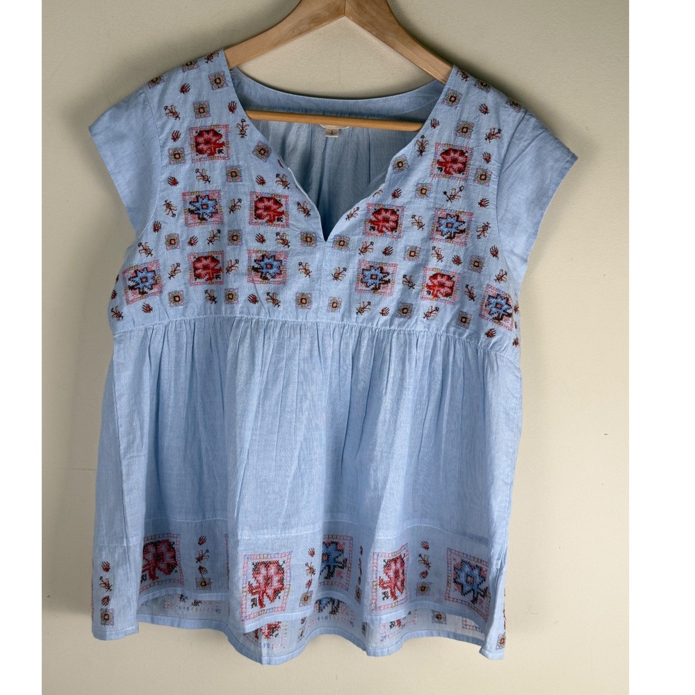 Lucky Brand Embroidered Short Sleeve Cotton Peasant Top Colorful Cross Stitch LG